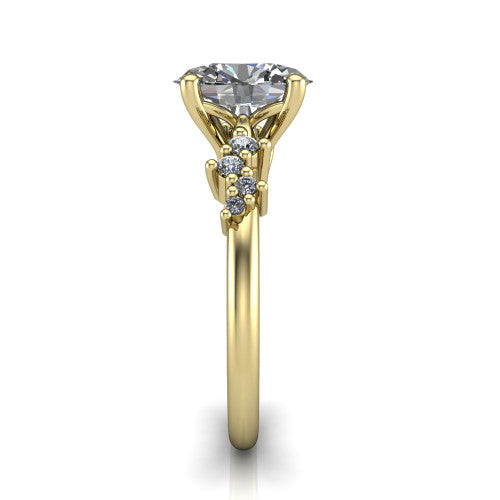 Georgia oval classic engagement ring in 18K Yellow Gold, side profile showing the cluster accents, basket gallery, and slim band in side view