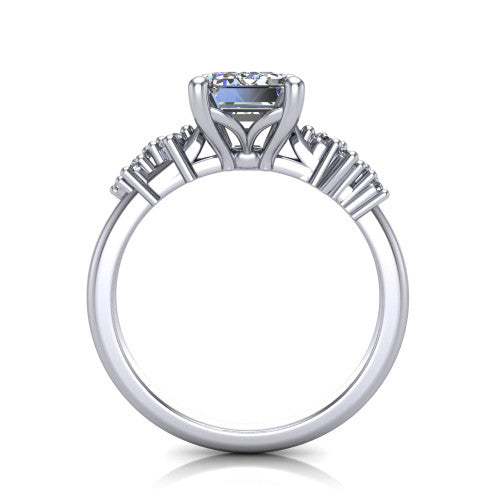 Georgia emerald-cut classic engagement ring in Platinum, through-finger front profile showing the decorative basket gallery and accent clusters from the front