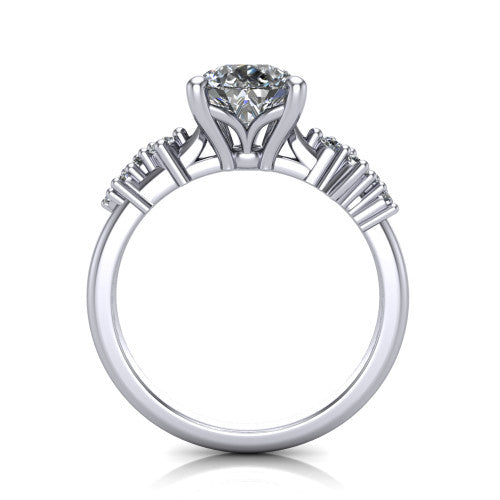 Georgia pear classic engagement ring in Platinum, through-finger front profile showing the decorative basket gallery and accent clusters from the front