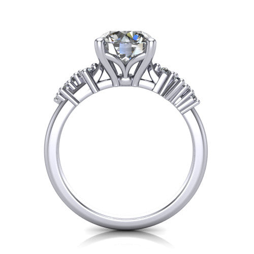 Georgia round classic engagement ring in 18K White Gold, through-finger front profile showing the decorative basket gallery and accent clusters from the front