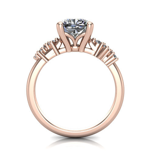 Georgia cushion classic engagement ring in 14K Rose Gold, through-finger front profile showing the decorative basket gallery and accent clusters from the front