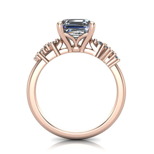 Georgia square emerald-cut classic engagement ring in 14K Rose Gold, through-finger front profile showing the decorative basket gallery and accent clusters from the front