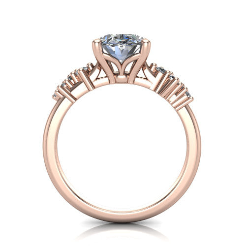 Georgia oval classic engagement ring in 18K Rose Gold, through-finger front profile showing the decorative basket gallery and accent clusters from the front
