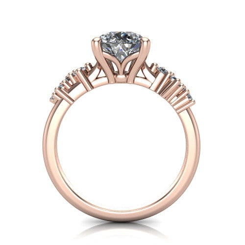 Georgia pear classic engagement ring in 14K Rose Gold, through-finger front profile showing the decorative basket gallery and accent clusters from the front