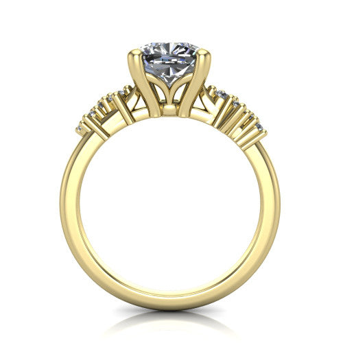 Georgia cushion classic engagement ring in 14K Yellow Gold, through-finger front profile showing the decorative basket gallery and accent clusters from the front