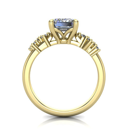 Georgia emerald-cut classic engagement ring in 18K Yellow Gold, through-finger front profile showing the decorative basket gallery and accent clusters from the front