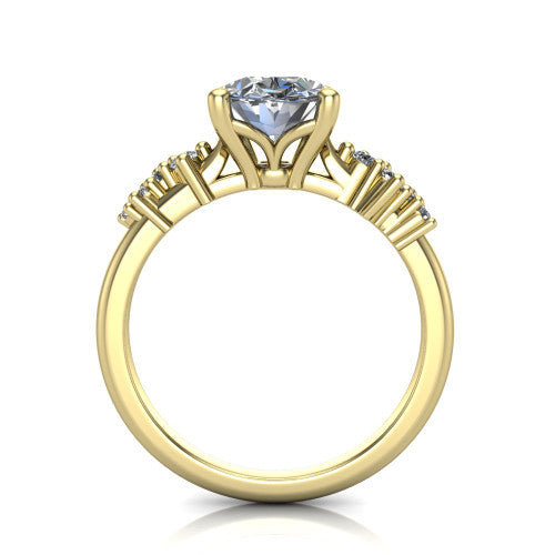 Georgia oval classic engagement ring in 14K Yellow Gold, through-finger front profile showing the decorative basket gallery and accent clusters from the front