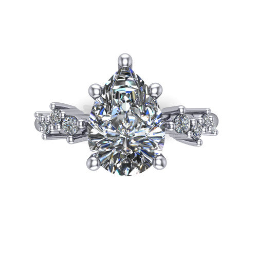 Georgia pear classic engagement ring in 18K White Gold, top-down view showing the pear center diamond and side clusters from above