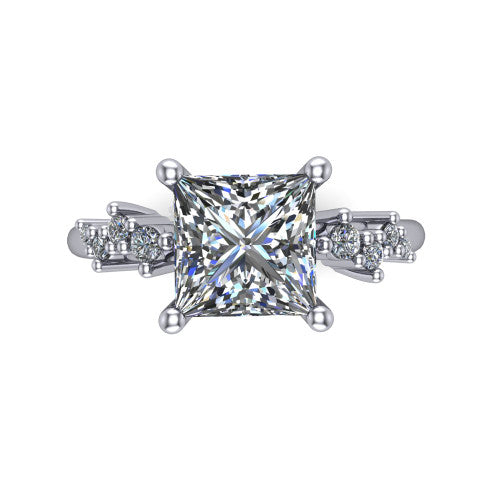 Georgia princess-cut classic engagement ring in Platinum, top-down view showing the princess-cut center diamond and side clusters from above
