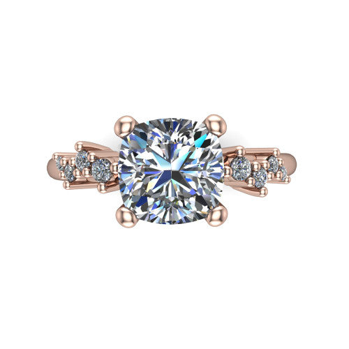 Georgia cushion classic engagement ring in 18K Rose Gold, top-down view showing the cushion center diamond and side clusters from above