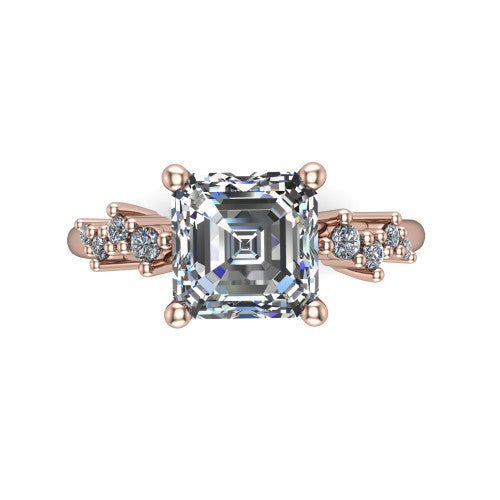 Georgia square emerald-cut classic engagement ring in 14K Rose Gold, top-down view showing the square emerald-cut center diamond and side clusters from above