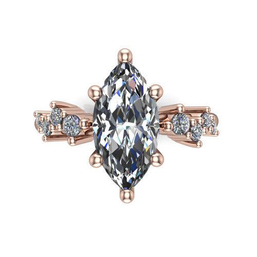 Georgia marquise classic engagement ring in 14K Rose Gold, top-down view showing the marquise center diamond and side clusters from above