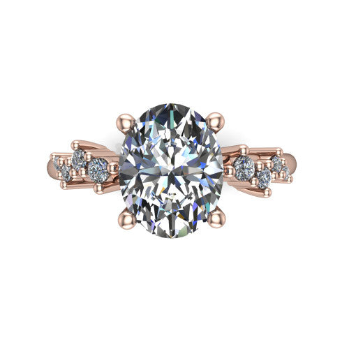 Georgia oval classic engagement ring in 14K Rose Gold, top-down view showing the oval center diamond and side clusters from above