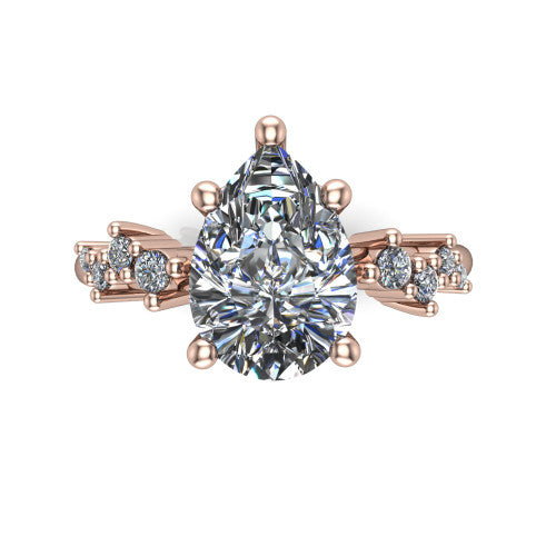 Georgia pear classic engagement ring in 18K Rose Gold, top-down view showing the pear center diamond and side clusters from above