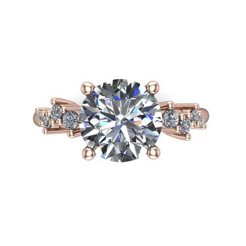 Georgia round classic engagement ring in 18K Rose Gold, top-down view showing the round center diamond and side clusters from above