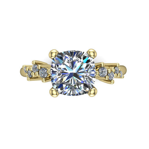 Georgia cushion classic engagement ring in 18K Yellow Gold, top-down view showing the cushion center diamond and side clusters from above
