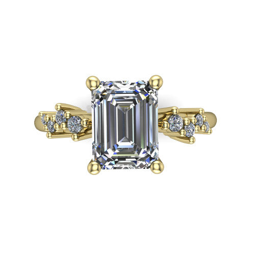 Georgia emerald-cut classic engagement ring in 18K Yellow Gold, top-down view showing the emerald-cut center diamond and side clusters from above