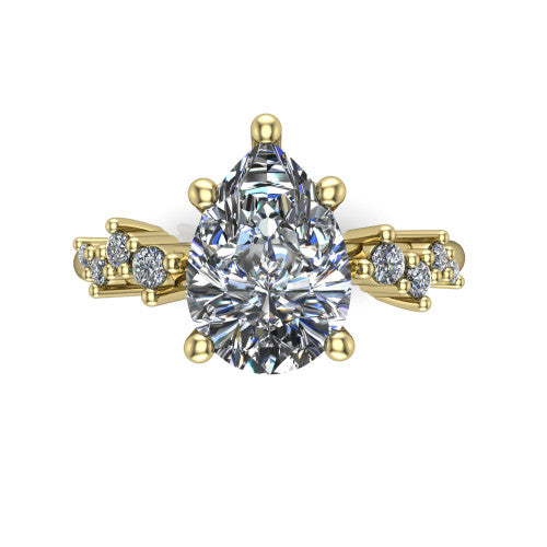 Georgia pear classic engagement ring in 18K Yellow Gold, top-down view showing the pear center diamond and side clusters from above