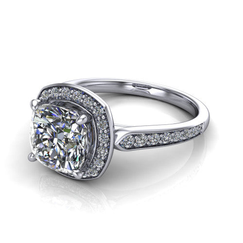 cushion diamond halo ring, 14k white gold