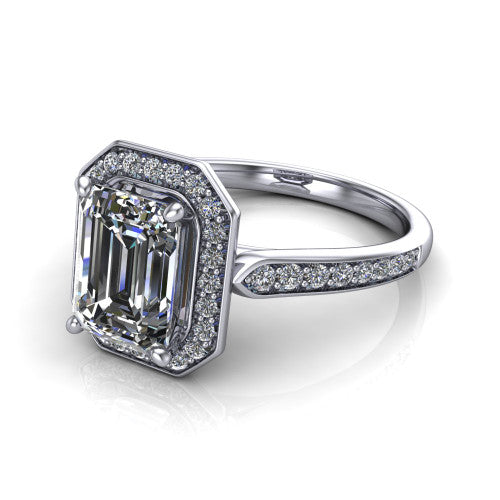 emerald diamond halo ring, 14k white gold