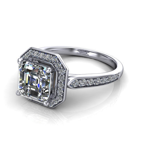 square emerald halo ring, 14k white gold