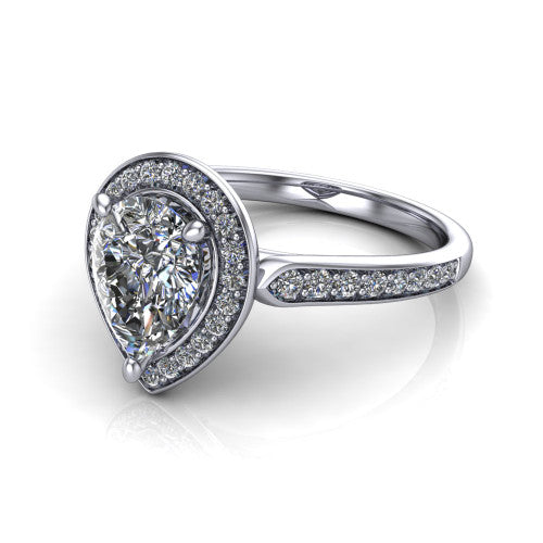 pear diamond halo ring, 18k white gold