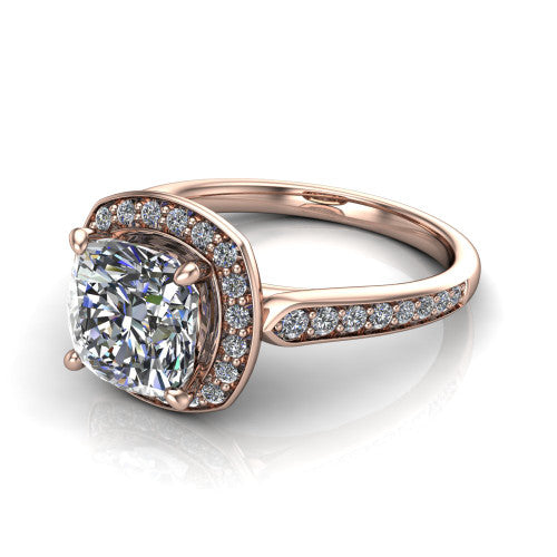 cushion diamond halo ring, 14k rose gold