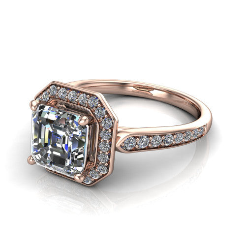 square emerald halo ring, 14k rose gold