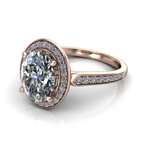 oval diamond halo ring, 14k rose gold