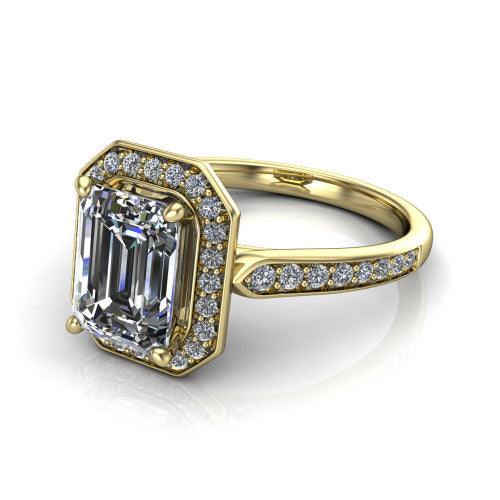 emerald diamond halo ring, 18k yellow gold
