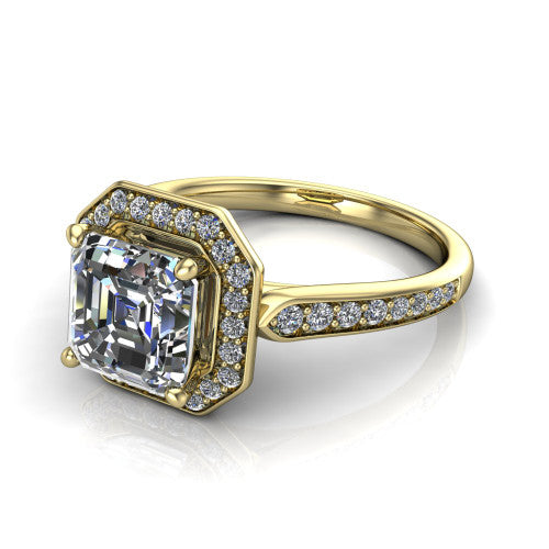 square emerald halo ring, 14k yellow gold