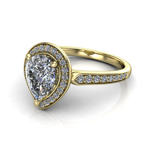 pear diamond halo ring, 14k yellow gold