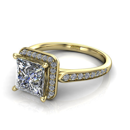 princess diamond halo ring, 14k yellow gold