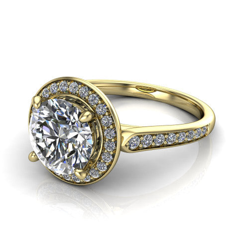 round diamond halo ring, 14k yellow gold