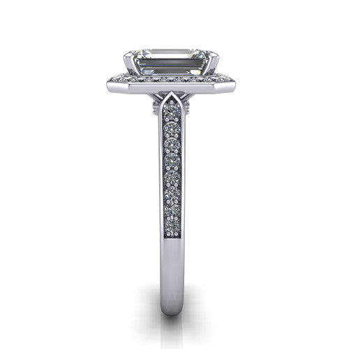 emerald diamond halo ring, 14k white gold