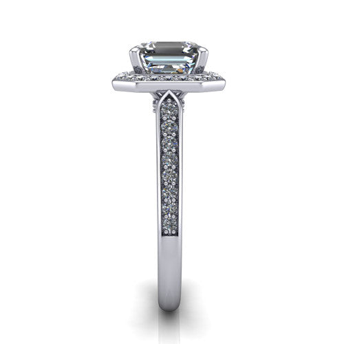 square emerald halo ring, platinum