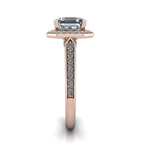 square emerald halo ring, 18k rose gold