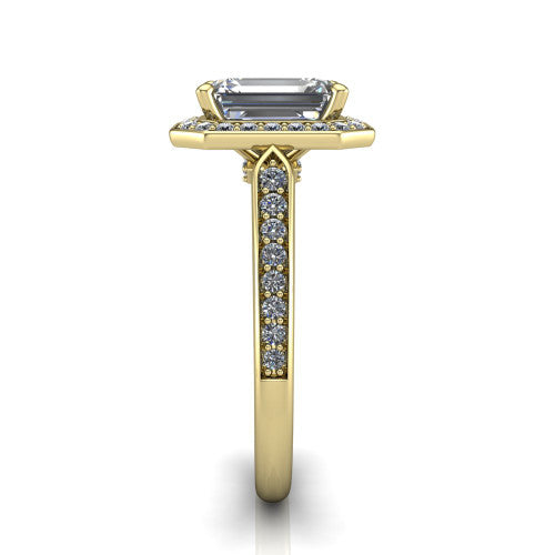 emerald diamond halo ring, 18k yellow gold