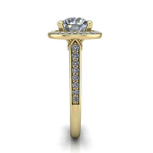 round diamond halo ring, 14k yellow gold
