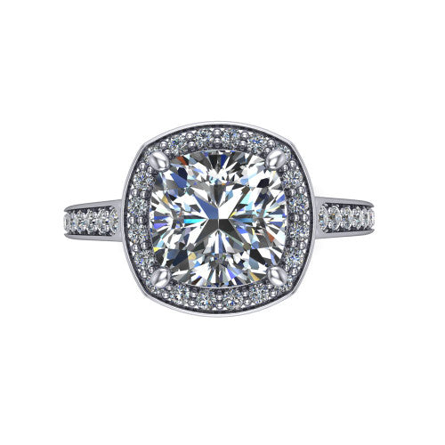 cushion diamond halo ring, platinum