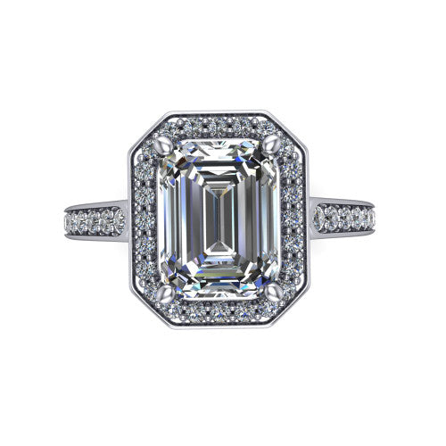 emerald diamond halo ring, platinum