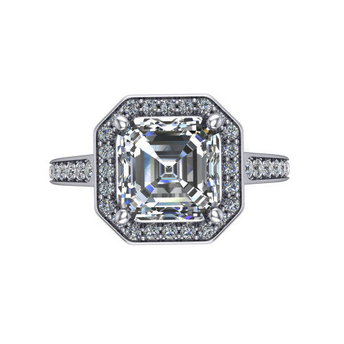 square emerald halo ring, platinum
