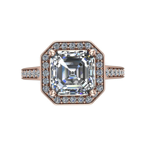 square emerald halo ring, 14k rose gold