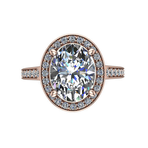 oval diamond halo ring, 18k rose gold