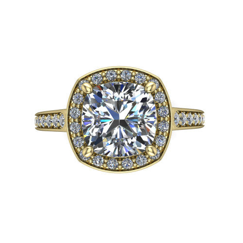 cushion diamond halo ring, 14k yellow gold