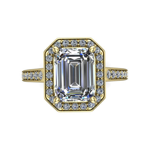 emerald diamond halo ring, 18k yellow gold