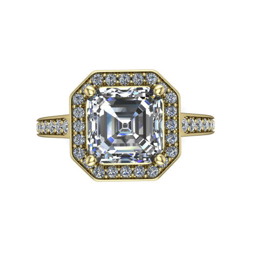 square emerald halo ring, 14k yellow gold