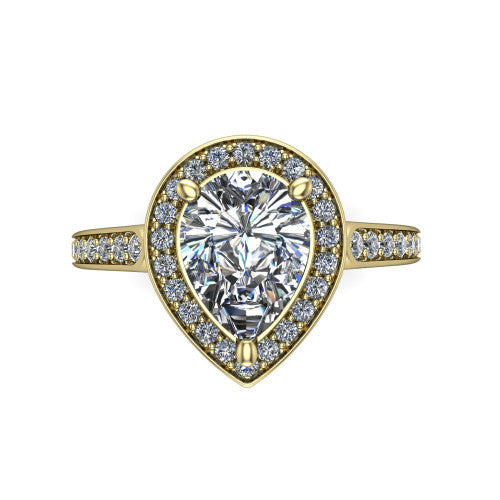 pear diamond halo ring, 14k yellow gold