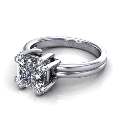 Lainey princess-cut solitaire engagement ring in Platinum, three-quarter perspective showing the princess-cut center diamond raised in a double-claw prong head on a polished band
