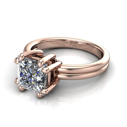 Lainey princess-cut solitaire engagement ring in 18K Rose Gold, three-quarter perspective showing the princess-cut center diamond raised in a double-claw prong head on a polished band